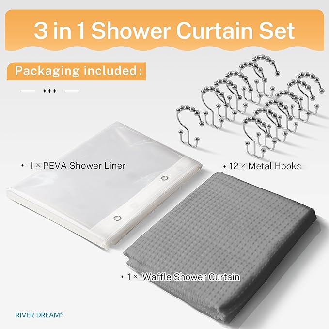 River Dream 3 in 1 Shower Curtain Set, Extra Long Waffle Fabric Shower Curtain and Waterproof Clear Liner Set with Double Sided Metal Hooks, Grey, 72" W*84" H