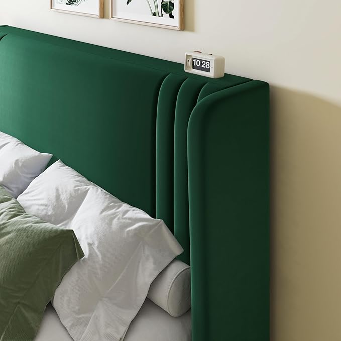 Allewie Queen Size Velvet Platform Bed Frame with Vertical Tufted Wingback Headboard, Easy Assembly, Under Bed Storage, No Box Spring Required, Modern Style, Green