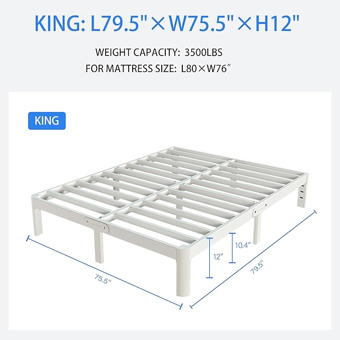 White King Size Bed Frame 12 Inch, Metal Camas King Bed Frame No Box Spring Needed, Heavy Duty Steel Support 3500 LBS, DIY Headboard, Noiseless, Round Corner Legs, Storage Space, Easy Assembly