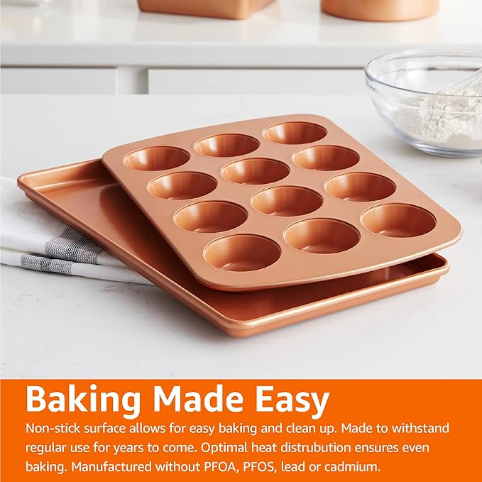 Amazon Basics Ceramic Nonstick Baking Sheets and Pans Bakeware Set, Non-Toxic, 5-Piece Set- Copper Color