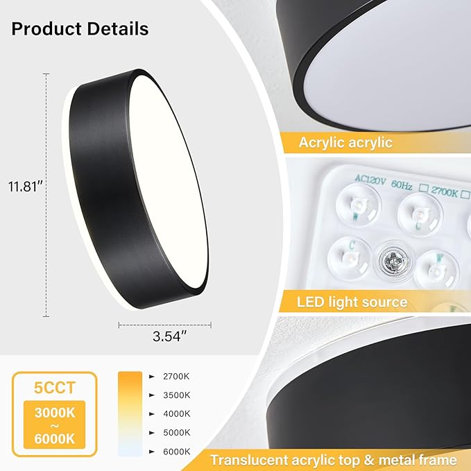 Dimmable LED Flush Mount Ceiling Light Fixture,Modern Black Round Ceiling Light,5CCT 2700K-6000K Metal Lighting for Bedroom Kitchen Hallway Laundry Room Entryway Bathroom-11.8in