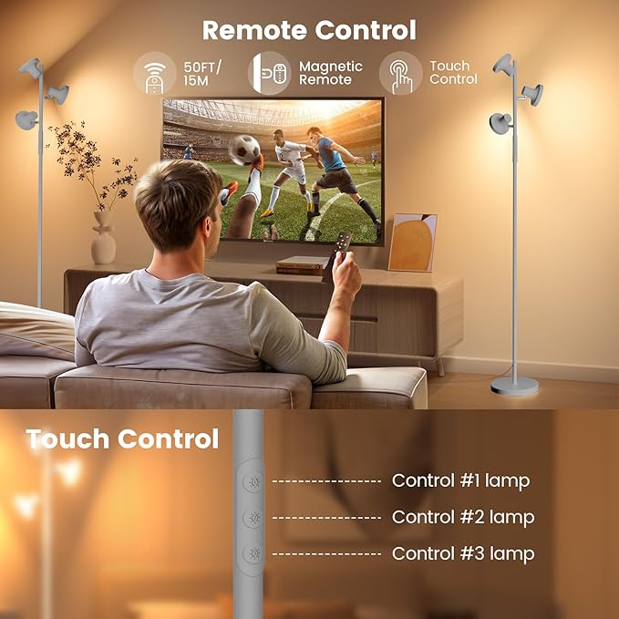 36W LED Tree Floor Lamp, Modern Dimmable Standing Lamp with Remote & Touch Control, 4 Color Temperatures, 3 Rotatable LED Light Floor Lamps for Living Room, Bedroom, Office