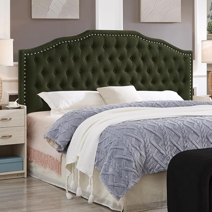 24KF Upholstered Button Tufted King Size Headboard with Nailhead Trim, Elegant Boucle Fabric California King headboard, 6031-K-Boucle-Dark Green