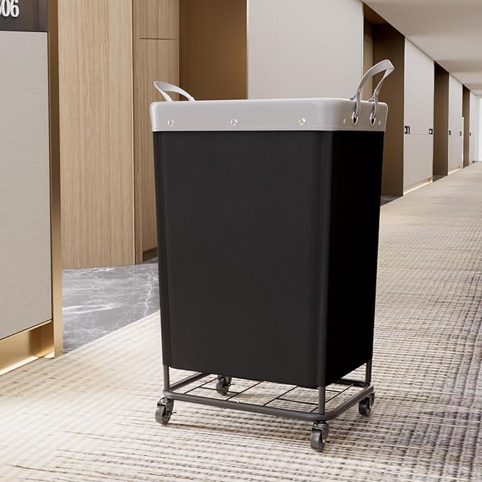 Lifewit 165L Laundry Basket with Wheels, Large Heavy Duty Commercial Rolling Laundry Hamper with Handles, Tall Steel Frame Laundry Cart for Laundry Room Bedroom Hotel Home Dorm, Black