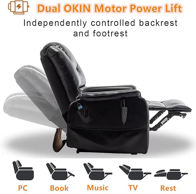 Recliner with Lift Assist for Seniors, Heavy Duty Lay Flat Recliner 180-Degree, Dual Motor Power Stand Up Lift Chair with Massage and Heat, Infinite Position Electric Recliner Chair for Elderly