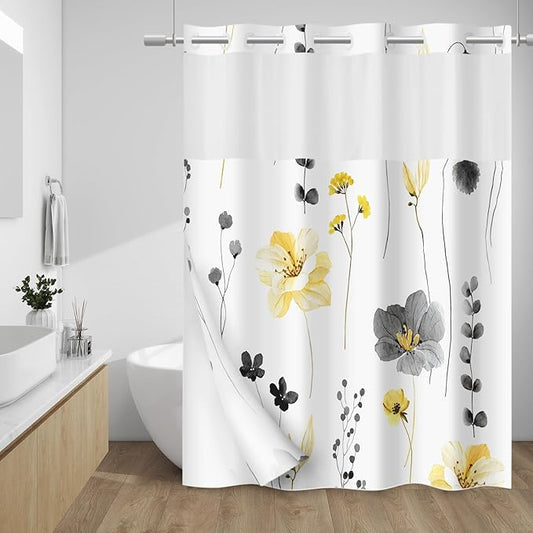 No Hook Shower Curtain with Snap in Liner - Floral Shower Curtain - Fabric Waterproof Inner Liner, Plants Watercolor Yellow Gray Modern Cloth Shower Curtains - Machine Washable, 71 x 74