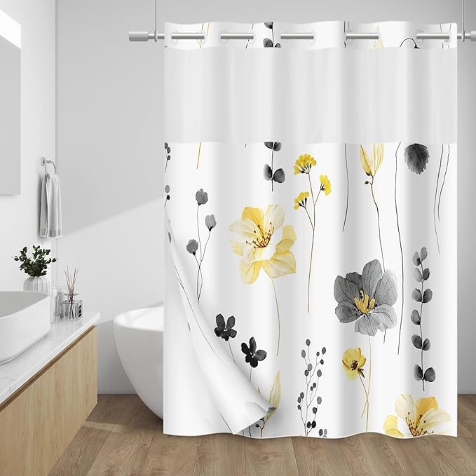 No Hook Shower Curtain with Snap in Liner - Floral Shower Curtain - Fabric Waterproof Inner Liner, Plants Watercolor Yellow Gray Modern Cloth Shower Curtains - Machine Washable, 71 x 80