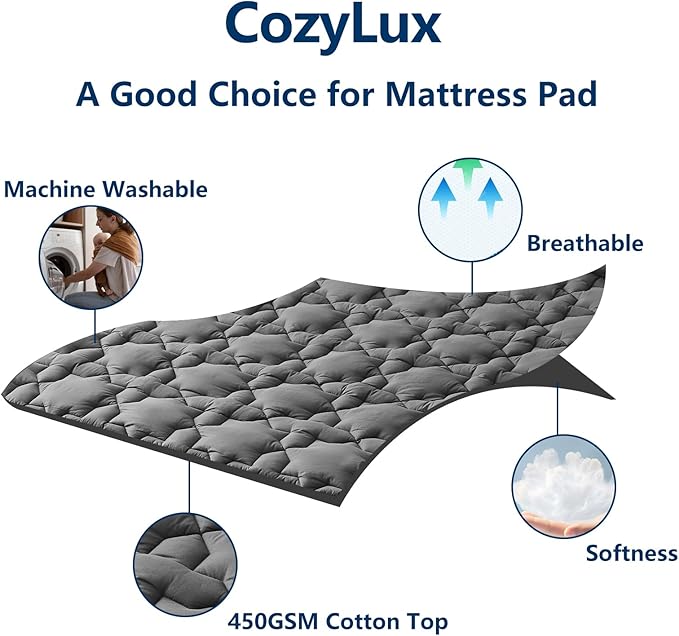 CozyLux California King Mattress Pad Deep Pocket up to 21" Non Slip Cotton Cooling Mattress Topper Breathable and Soft Quilted Fitted Mattress Cover Thick Pillowtop 450GSM Bed Mattress Pad Dark Grey