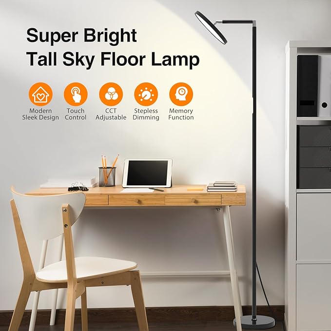 Tall LED Floor Lamps,Modern Bright Eye-Care Standing Lamp, 72'' Torchiere Sky Rotary Lamps with Touch Control, Black Corner Lamps for Living Room,Bedroom,Office