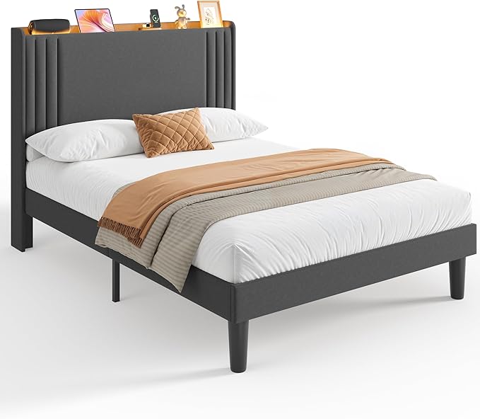 Gizoon Full Bed Frame with Charging Station and LED Lights,Upholstered Wingback Platform Bed with Wooden Slats,Noise-Free,No Box Spring Needed