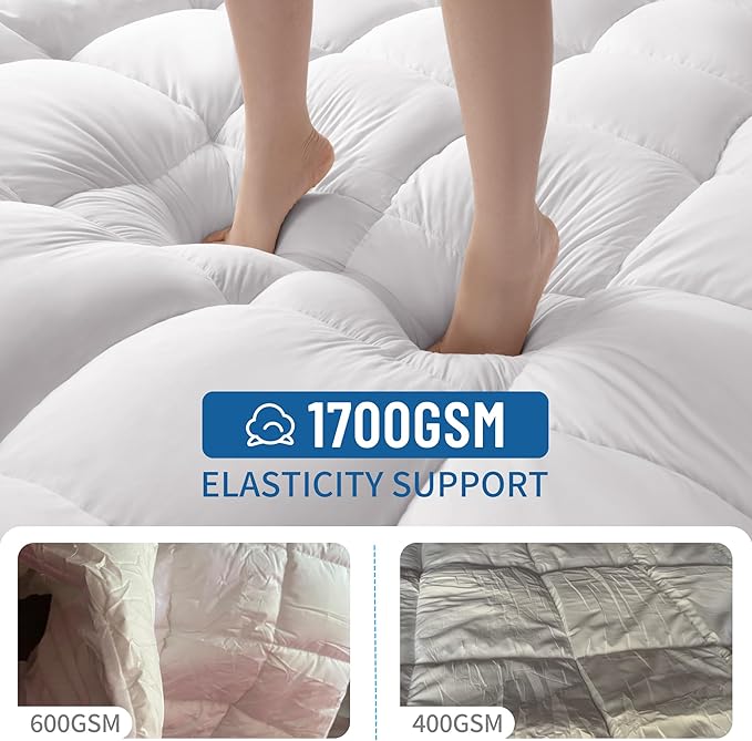 Queen Mattress Topper - Relieve Back Pain with 1700GSM Gel-Infused Cooling, Breathable Sides & 6"-18" Deep Pocket(60"x80")