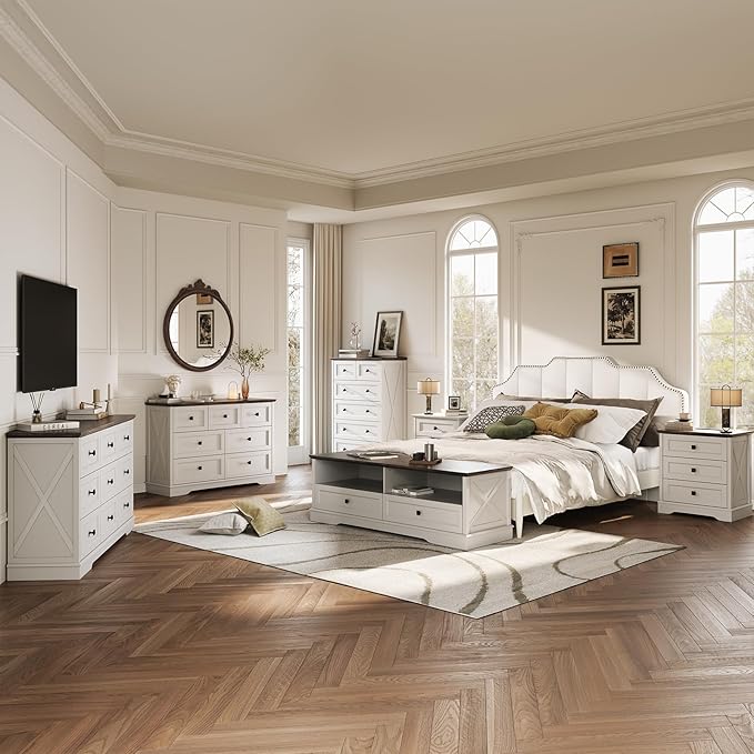 Farmhouse 9 Drawers Dresser Chests for Bedroom, White 9 Drawers TV Stand, Long Wood Dressers Organizer for Closet, Modern Storage Organizer Cabinet for Bedroom, Hallway & Entryway