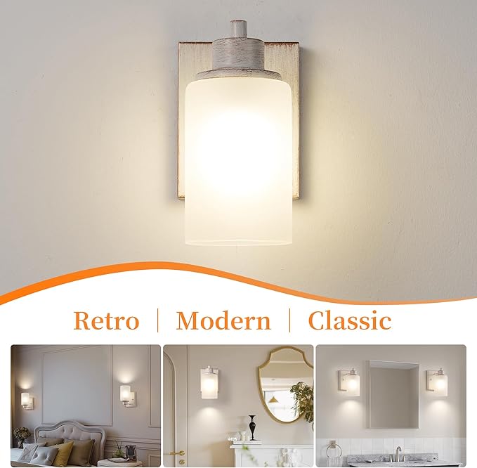 2 Pack Bath Vanity Light Fixture, Modern Indoor Wall Scone Lighting with Opal White Glass Shade, White Gold Wall Lamps