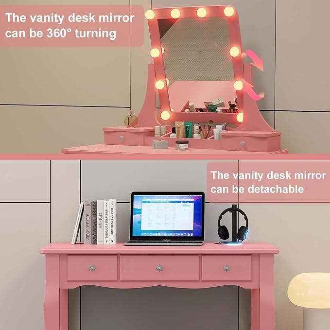 Vanity Desk with Mirror and Lights Makeup Vanity Desk with Lights Pink Vanity Table with Drawers and Chair Make Up Vanity with Lighted Mirror