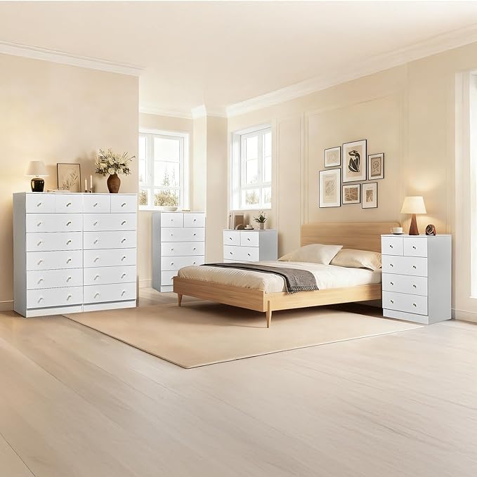 Karl home White 5 Drawer Dresser for Bedroom, Tall Dresser Chest of Drawers, Rustic Wood Bedroom Dressers Clothes Organizer, Anti-Tipping Device, Rose Gold Metal Handle, Living Room, Entryway, Office