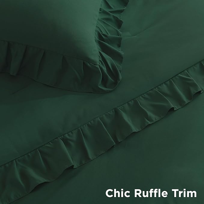 Litanika Dark Emerald Green King Comforter Set, 3 Pieces Boho Vintage Solid Forest Ruffle Bedding Set, All Season Lightweight Bed Set (104x90In Comforter & 2 Pillowcases)