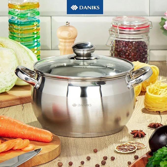 Daniks Classic Frying Pan Included, 11-Piece Stainless Steel Induction Cookware Set, Dishwasher Safe Pots and Saucepan, Glass Lids, Measuring Scale, For Soup, Pasta, Stew, Silver
