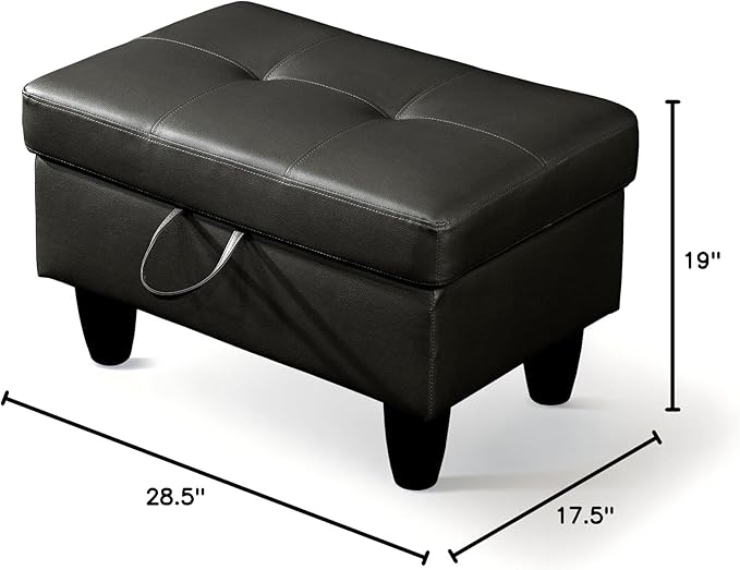 Ottoman Rectangular Storage Ottoman Bench, Faux Leather Footrest, Coffee Table, Stool Footstool with Hinged Lid for Living Room, Bedroom, Entryway, Black, 28.5"x19"x17.5"