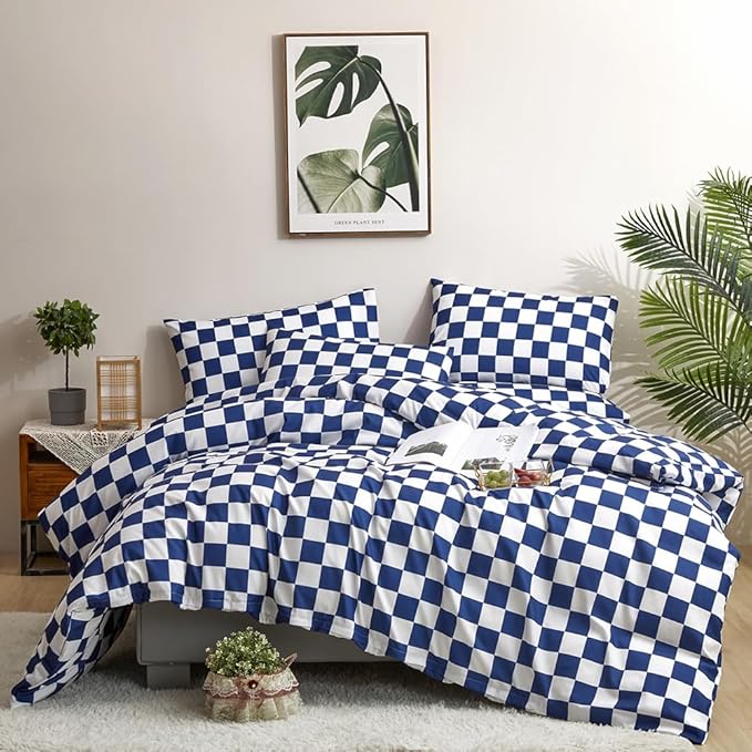 CLOTHKNOW Plaid Comforter Sets Twin/Twin XL Blue White Bedding Comforter Sets Royal Blue White Bed Comforter Blue Bedding Sets Soft
