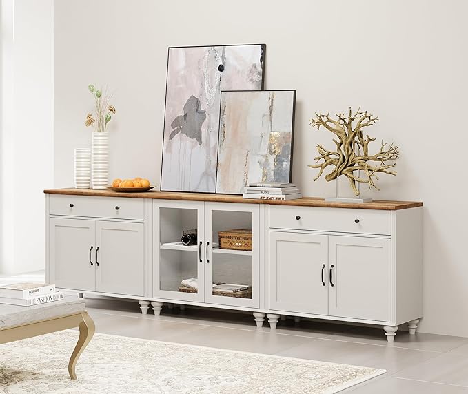 WAMPAT Farmhouse TV Stand for 100 Inch TV, 3-in-1 TV Console Table for 75/80/85/90 Inch TV, Entertainment Center with Glass & Wood Door, Kitchen Sideboard Buffet Cabinet for Dining Room, White