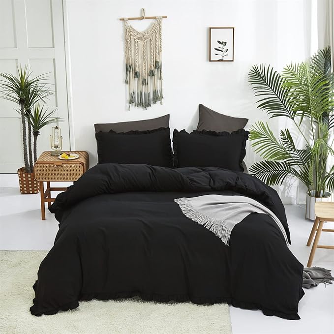 Luxlovery Black Ruffle Comforter Champagne Farmhouse Bedding - California King - Shabby Boho Taupe Blanket Quilts - All Black Color Bohemian Comforter Set