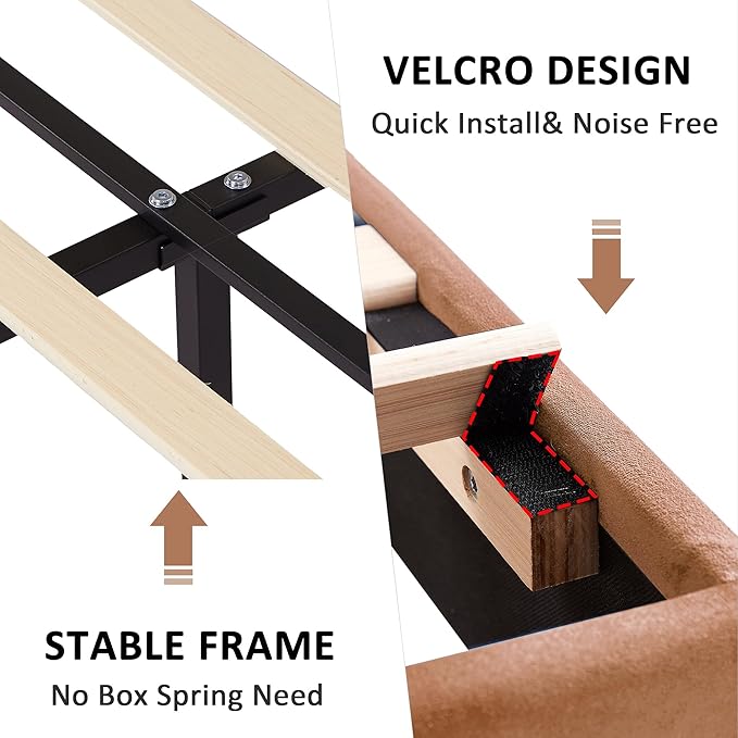 VECELO Queen Bed Frame with Upholstered Headboard, Heavy-Duty Platform Bedframe with Strong Wooden Slats Support, No Boxing Spring Needed, Coffee