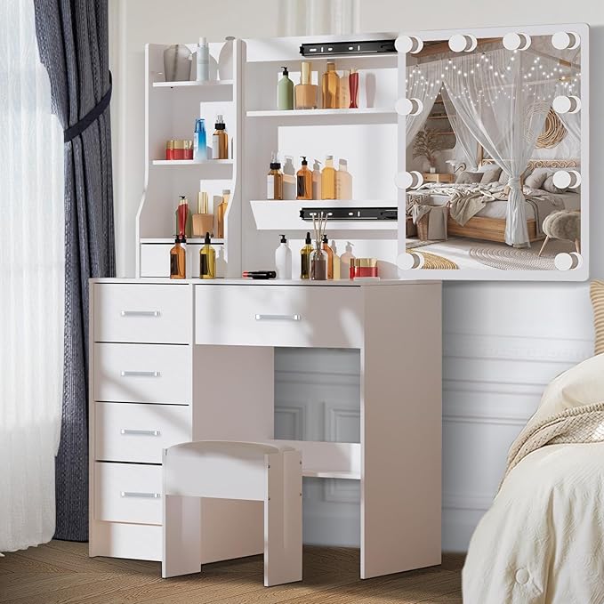 Vanity Desk with Sliding Mirror and Lights, Makeup Vanity Desk with Chiar and Storage, Vanity with Lights for Bedroom, Dressing Table for Teen Girls Women