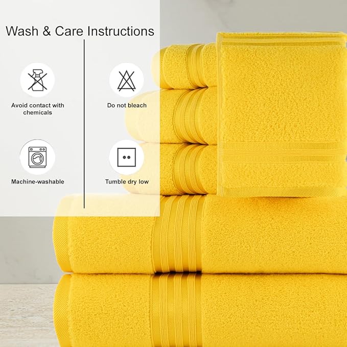 CASA COPENHAGEN Zero Twist, 6 Pieces Set 100% Cotton 0" Twist Towel Set- Butter Yellow, 600 GSM, 2 Bath, 2 Hand, 2 Washcloths Made from Egyptian Cotton, Ultra Soft Luxury Towels for Bathroom.