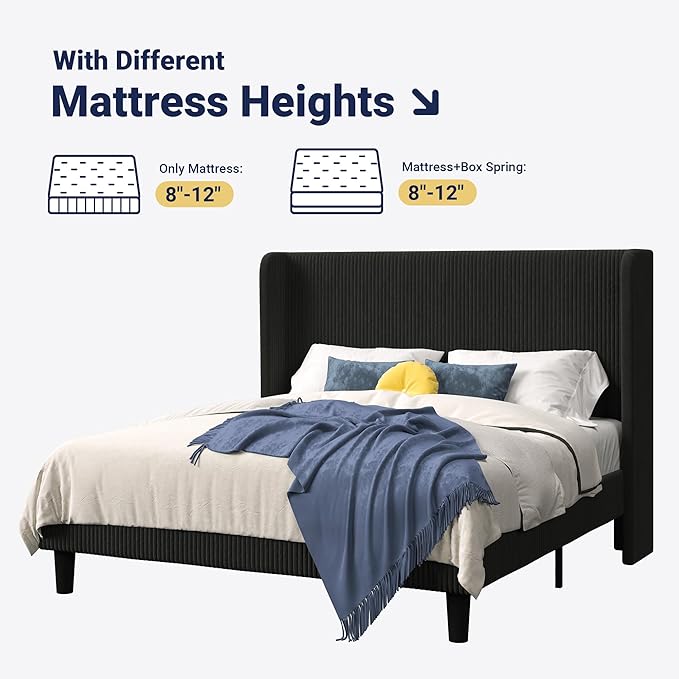 Allewie Full Size Bed Frame with Upholstered Wingback Headboard, Vertical Channel Tufted Corduroy Velvet Platform Bed, Strong Wooden Slats Support, No Box Spring Needed, Easy Assembly, Sturdy, Black