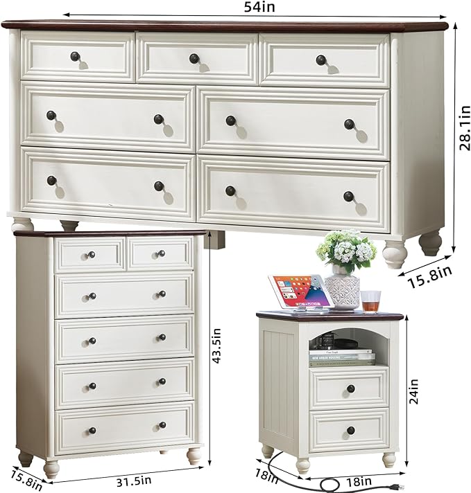 Farmhouse Dressers & Night Stand Set of 3, Wood 54" Wide Dresser & 43.5"Tall Chest of Drawers, 18" with Charging Station Nightstand, Bedroom Furniture 7 Drawer Dresser Set for Home Living Room Hallway