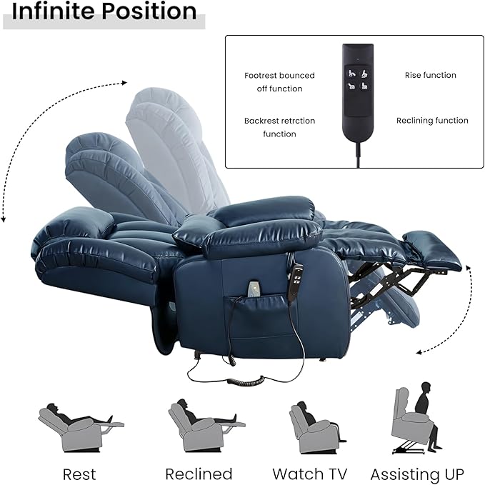 TEKAMON Power Lift Recliner Chair for Elderly with Heat & Massage, Dual Motor Breathable Leather Recliner, Lay Flat Sleeping Chairs with Infinite Position, RemoteControl(Deep Blue, Extended)