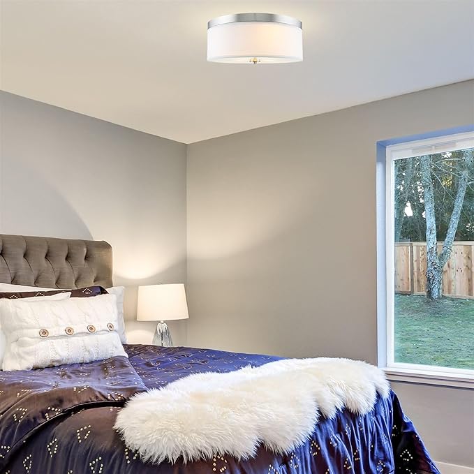 Kira Home Walker 20" Large Mid-Century Modern 3-Light Flush Mount Ceiling Light, White Fabric Shade + Round Glass Diffuser, Brushed Nickel Finish