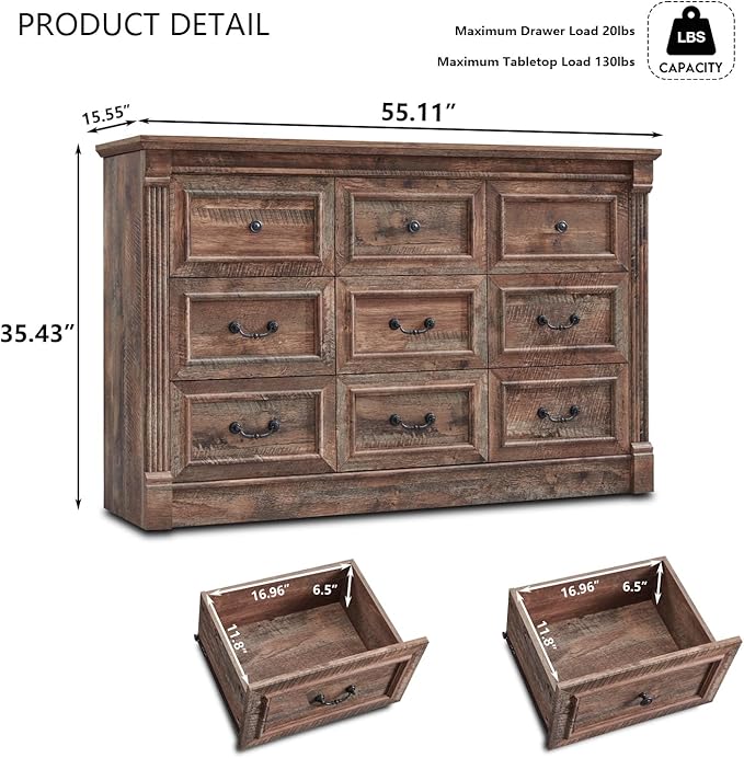 9 Drawers Dresser for Bedroom, Farmhouse 55" Wide Dressers & Chests of Drawers w/Roman Column, Large Storage Dressers Organizer for Bedroom, Living Room, Hallway, Light Brown