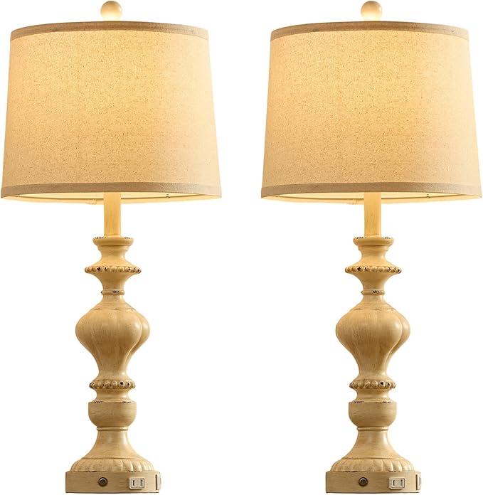 27.5" Farmhouse Table Lamps Set of 2 Bedside Nightstand Lamp with USB C+A Ports & AC Outlet, 3 Way Dimmable Touch Lamps for Bedroom Living Room Office Hallway Rustic Traditional Lamp