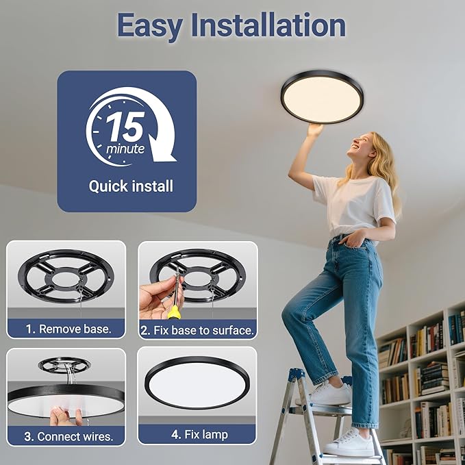 8 Pack 12 Inch LED Flush Mount Ceiling Light, 24W 2640LM 5 CCT Selectable (2700K-6500K), Dimmable Ultra-Thin Round Fixture for Kitchen Bedroom Laundry Hallway, Black