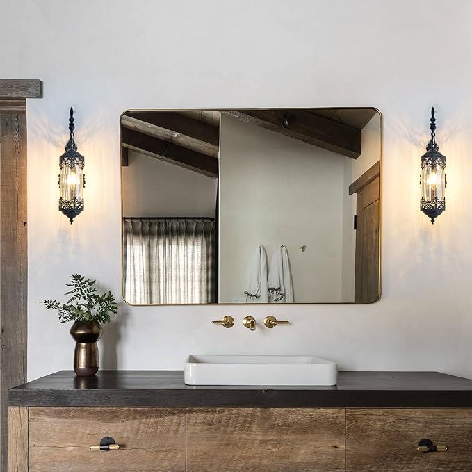 Rustic Wall Sconce with Amber Glass Mini Vintage Antique Gothic Wall Light Fixture Retro Farmhouse Mid Centry Lantern Wall Sconce for Bedroom, Hallway, Living Room, Mirror, Black, E12