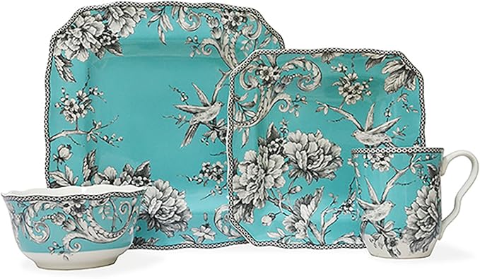 222 Fifth Adelaide 16-Piece Square Floral Dinnerware Set – Service for 4, Turquoise Porcelain Plate, Bowl & Mug Set, Chip Resistant, for Everyday Dining & Entertainment, Microwave & Dishwasher Safe