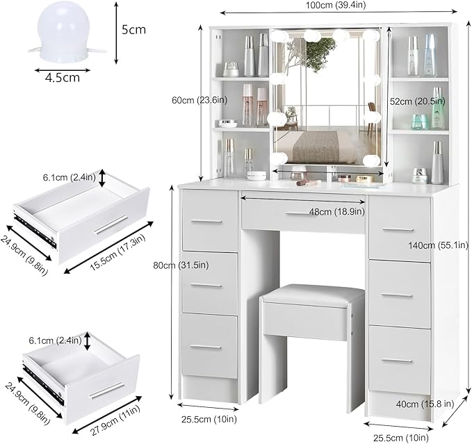 Vanity Desk with Mirror Lights, Makeup Desk with 7 Drawers and Cabinet, 3 Lighting Modes, White Vanity Set with Chair Stool for Bedroom