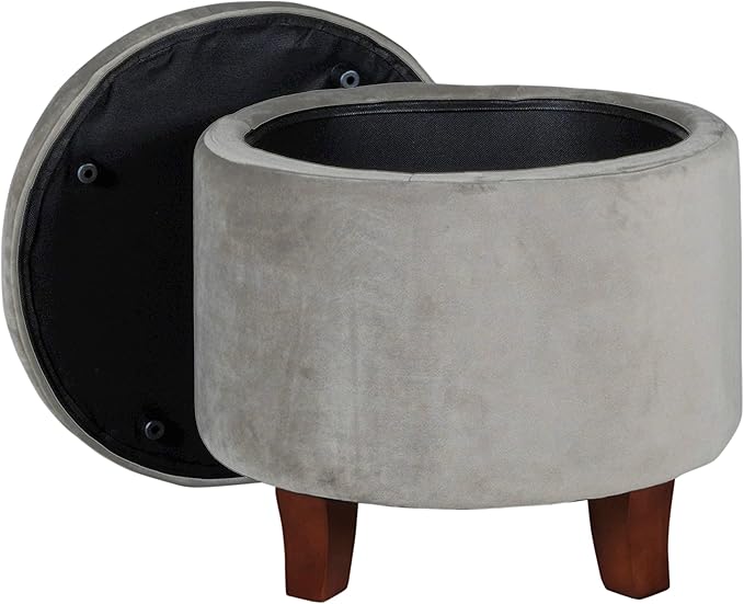 Homepop Home Decor | Upholstered Round Velvet Tufted Foot Rest Ottoman | Ottoman with Storage for Living Room & Bedroom | Decorative Home Furniture, Gray Small