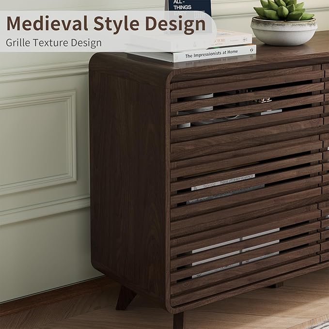 Fluted Dresser for Bedroom, Wide 6 Drawers Dresser, Chests of Drawers with Grille & Curved Design, Dressers Slides Pre-Installed, Large Wood Drawer Organizer for Bedroom Hallway, Dark Walnut