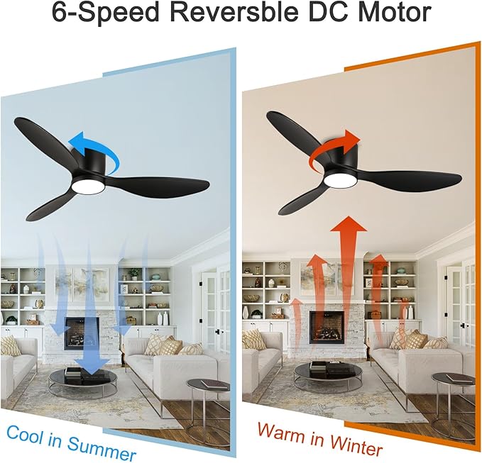 reiga 52 Inch Wood Black Modern Flush Mount Indoor Ceiling Fan with Light and Remote, 3 Propeller Blade, Quiet DC Motor for Bedroom Living Room