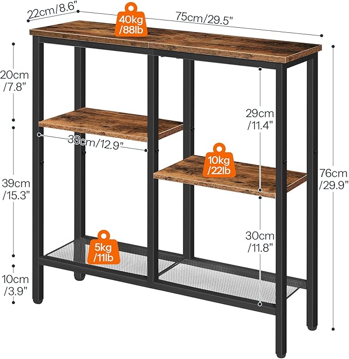 HOOBRO Narrow Console Table, Sofa Table, 4-Tier Industrial Hallway Table with Metal Mesh Shelf, Entryway Table with Adjustable Feet, for Entryway, Living Room, Hallway, Rustic Brown and Black BF79XG01