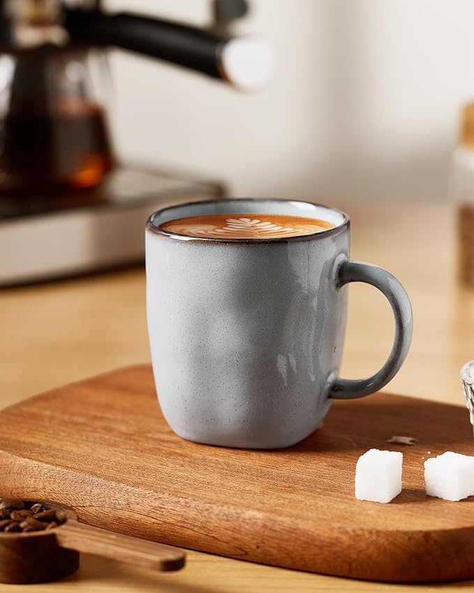 famiware Coffee Mugs Set of 4, Ocean Square 13oz Coffee Cup Set with Handle for Cocoa, Milk, Hot Chocolate, Tea, Water, Stoneware Cups for Kitchen, Microwave and Dishwasher Safe, Grey