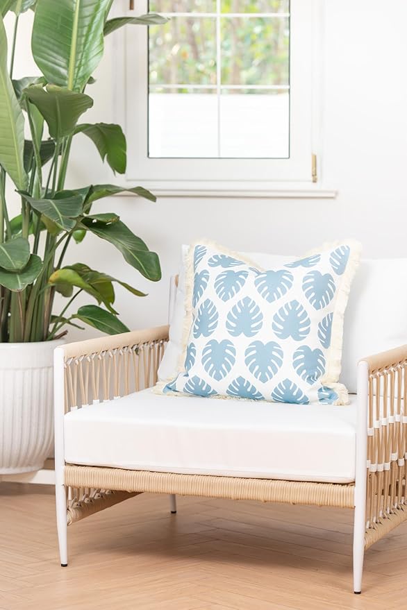 Hofdeco Premium Coastal Hampton Style Patio Indoor Outdoor Pillow Cover Only, 20"x20" Water Resistant for Backyard, Couch, Baby Blue Monstera Leaf Fringe
