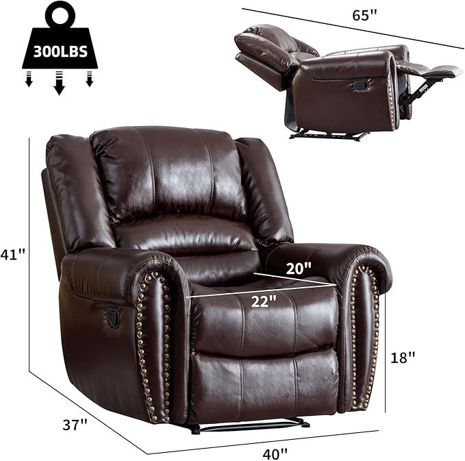 CANMOV Leather Recliner Chair, Classic and Traditional Manual Recliner Chair with Comfortable Arms and Back Single Sofa for Living Room, Brown