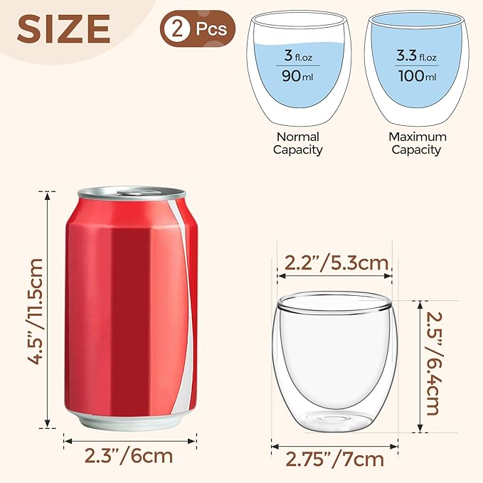 ComSaf Double Walled Espresso Cups 3 oz, Glass Espresso Shot Cup Set of 2, Small Coffee Mugs for Ristretto, Lungo, Machiato, Ideal Gift for Chrismas, Brithday