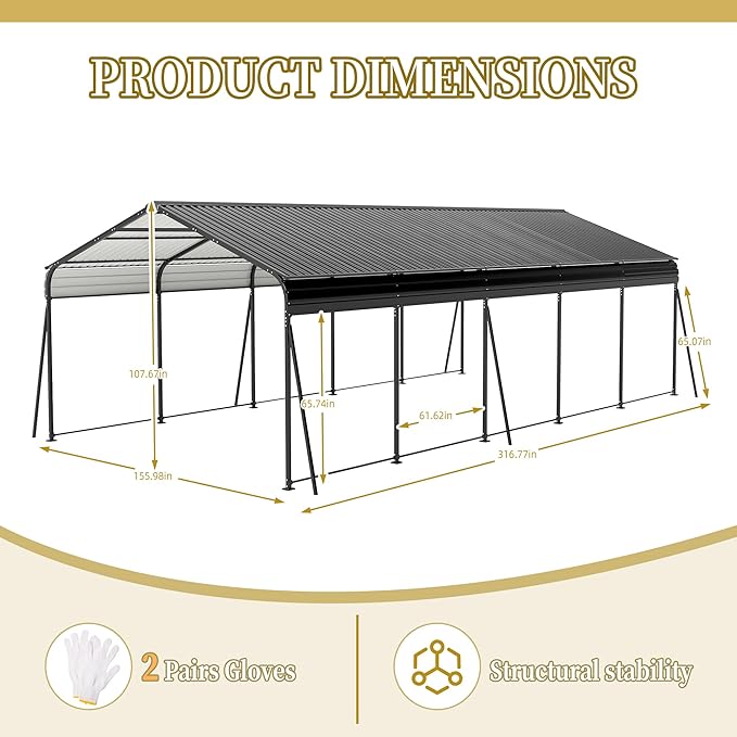 13x26.5 FT Metal Carport, Heavy Duty Car Port Canopy with Galvanized Steel Roof & Frame, Oversized Metal Carport Kit with Hooks, Steel Car Shelter, Outdoor 2 Car Garage for Car, Boat, Truck, Dark Gray