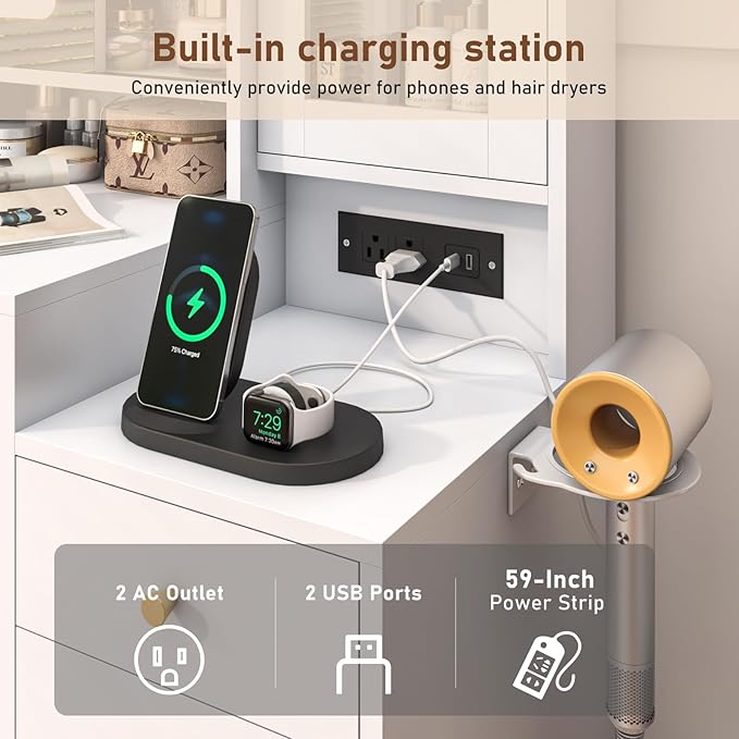 43 "White Makeup Vanity Desk w/Lights & Sliding Mirror,Adjustable LED Lighting, Vanity Table Set w/Stool,Power Outlet,Storage Drawers Shelves Cabinet,Vanity Set with Cushioned Stool for Girls Women