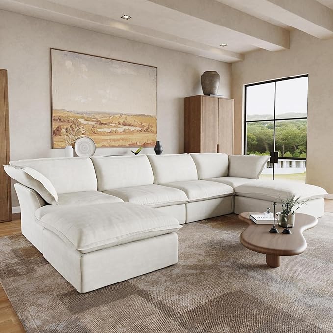 JACH U-Shaped White Cloud Sectional Couches, Deep 6-Seats Convertible Couch, Modular Sofa with Chaise Ottomans, Sofas Furniture for Living Room Bedroom Office Apartment (White)