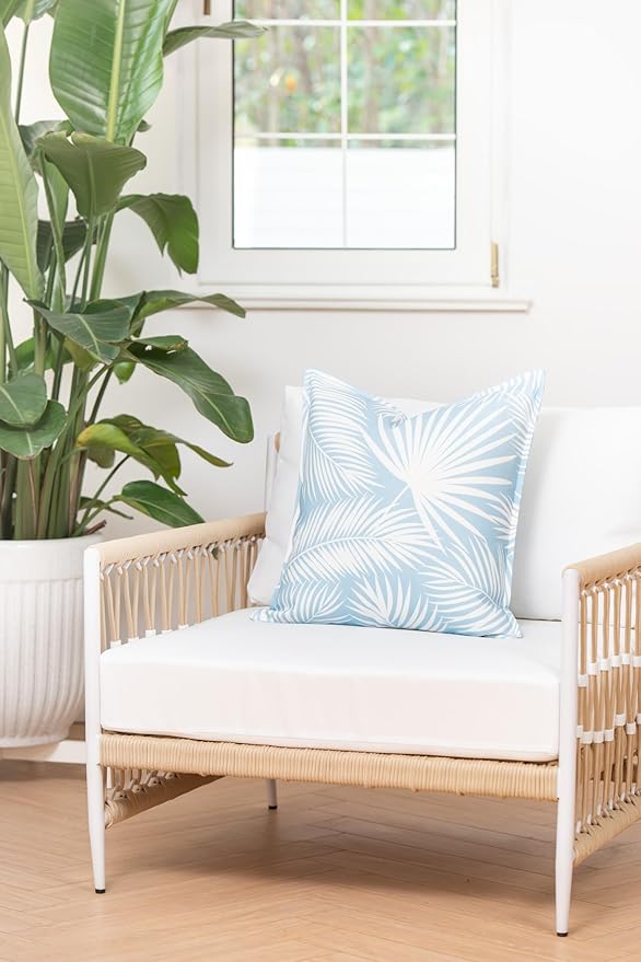Hofdeco Premium Coastal Hampton Style Patio Indoor Outdoor Pillow Cover Only, 20"x20" Water Resistant for Backyard, Couch, Baby Blue Palm Leaf